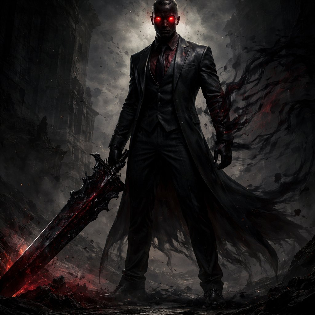 A large 7 foot guy with a large greatsword In a suit with red eyes