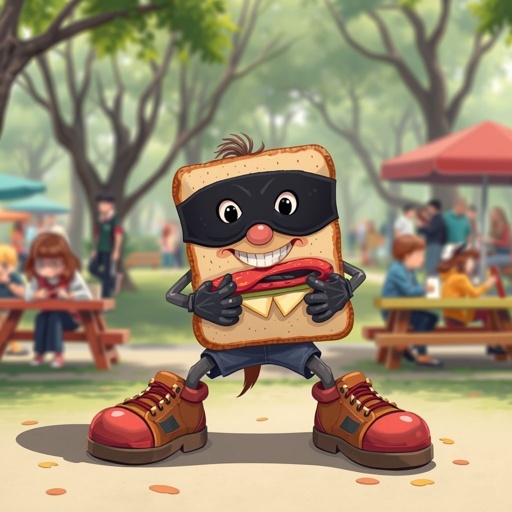 Create a funny looking clumsy sandwhich thief with funny shoes on. Make him have on the bandit black thing around his eyes 