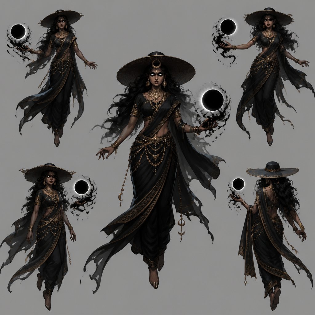 Female Villain with black moon abilities, black eyes, sun hat, floating, Indian, multiple of the same character