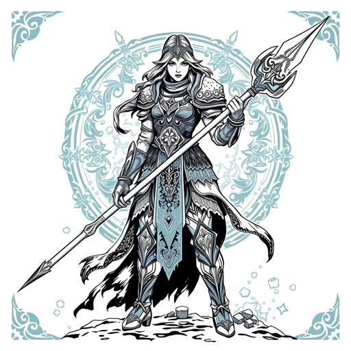 Create a battle woman hero called Alvara the Frostheart. Show full body head to toe including shoes