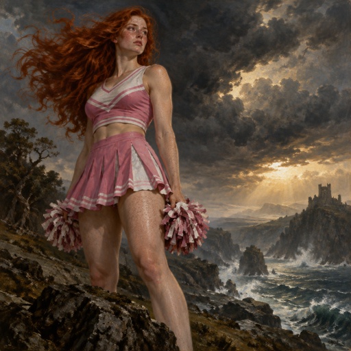 7 foot tall Ginger girl, 20s, pink and white cheerleader outfit, face covered in freckles. 