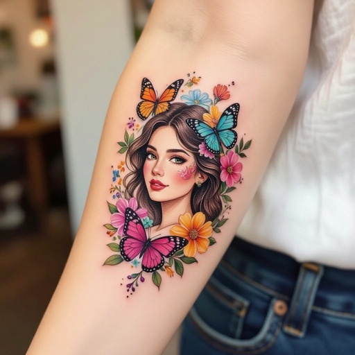 The name Evelin with Butterflies and flowers tattoo 