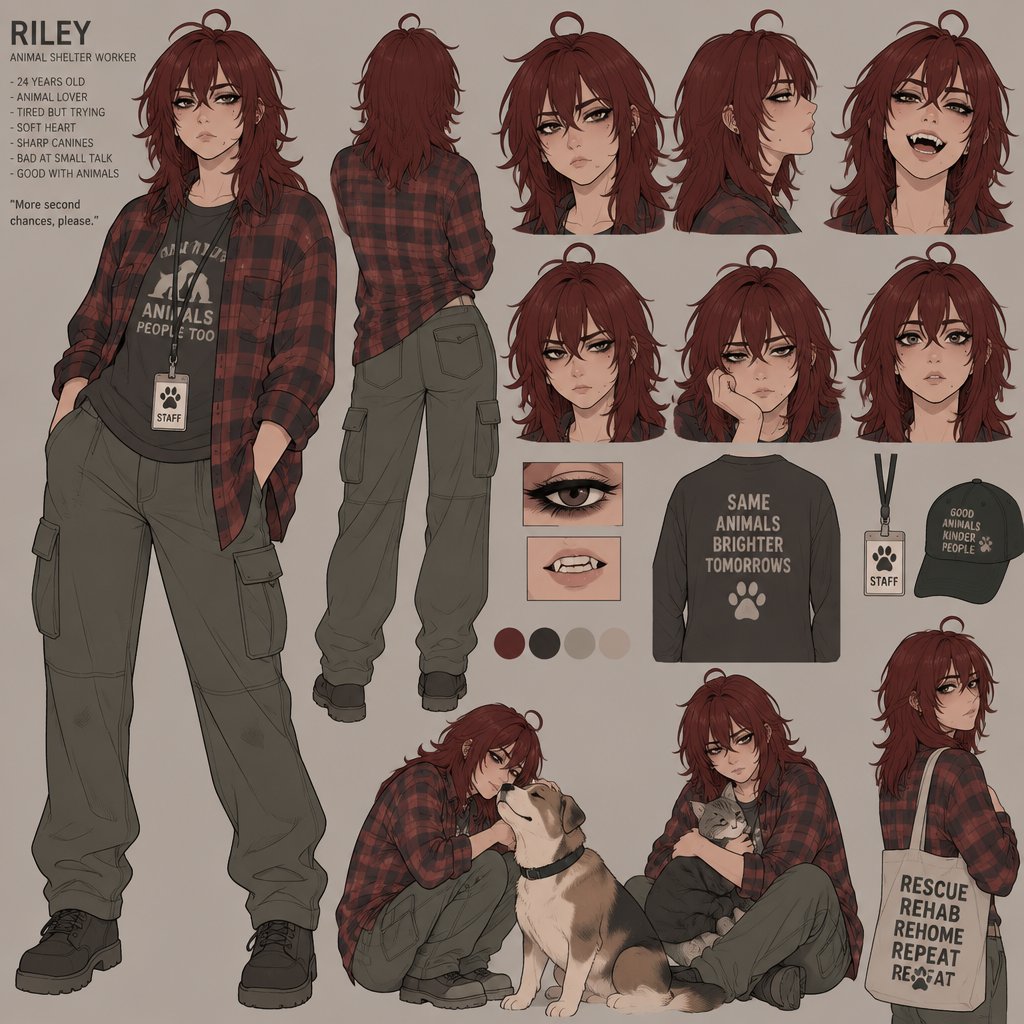 Female, straight wolfcut dark red hair, bangs, strand of hair sticking up on top of head, flannel, dark mascara around eyes, sharp canines, pouty, works in an animal shelter, concept, poses