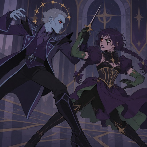 Male, grey short slick pointy back hair, light blue skin, completely full red eyes, red eyes, halo of gold stars surrounding head, purple long coat buttoned up, purple shirt and collar, shirt sleeves over palms, tall boots, black pants, blue details on clothes, pointy shoulder pads dark purple, Female, purple braids, messy bangs, one red eye the other green, black triangle under eyes, stars on face, dark purple lipstick,  purple dress with a short front, short puffy sleeve, gold corset, long green gloves, green details on clothes, stars on top, ruffled collar, black pants, fighting