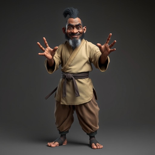 Create a funny looking African sensei. Show the whole character from head, body , legs , feet and make him serious.