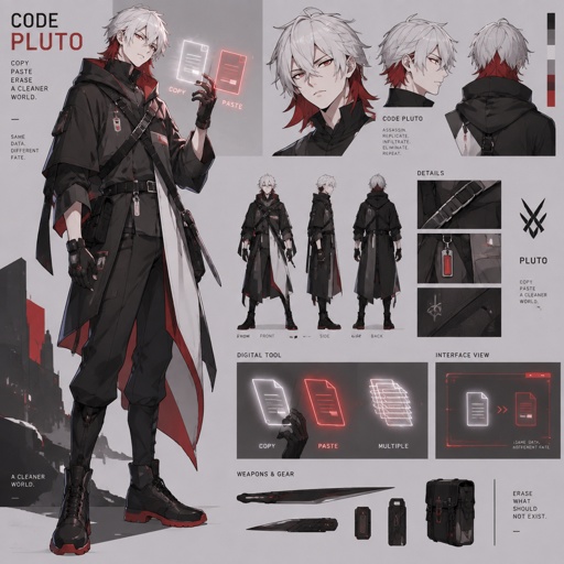assassin name code pluto, copy cat, copy and paste ability, white hair red on the inside, male