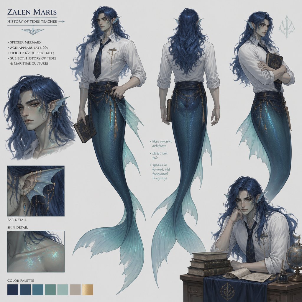 male, mermaid, long blue wavy hair, serious expression ,teacher uniform, fin ears, shimmer, ear piercings, green blush, multiple of the same character