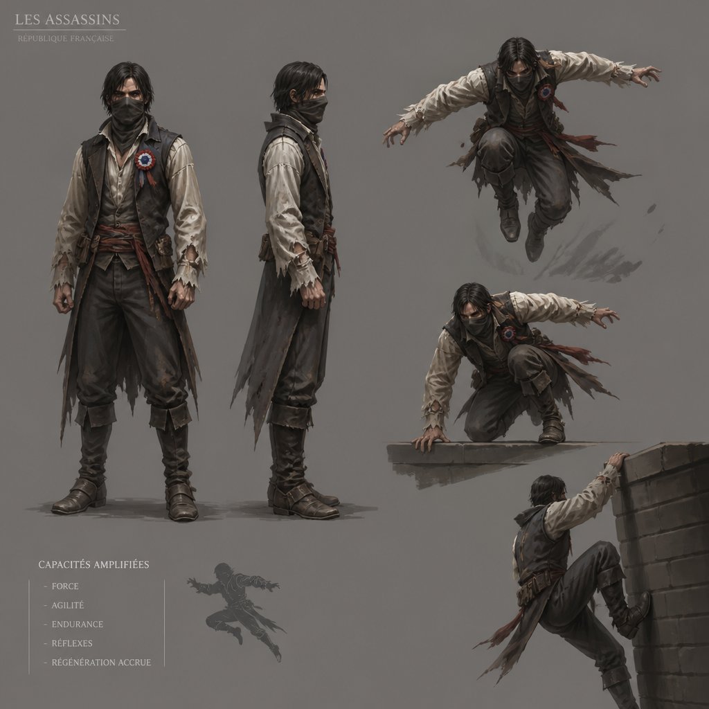 Male assassin, French, ragged, mask, enhanced physical abilities, multiple of the same character