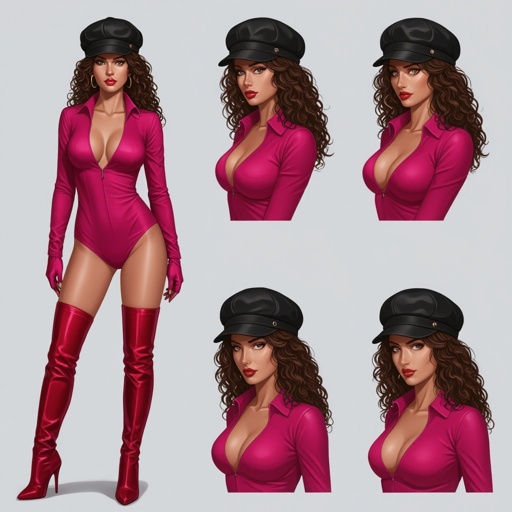 Dark Brown Frizzy Haired Spy Thief in a Tight Hot Pink Bodysuit and Rose Red Thigh High Pump Boots. Black and Red Newsboy Cap