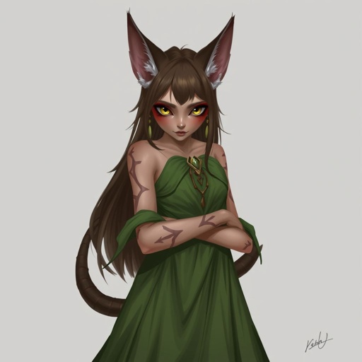 They have scars they’re wearing a green dress they have ears like a cats and they have a tail
