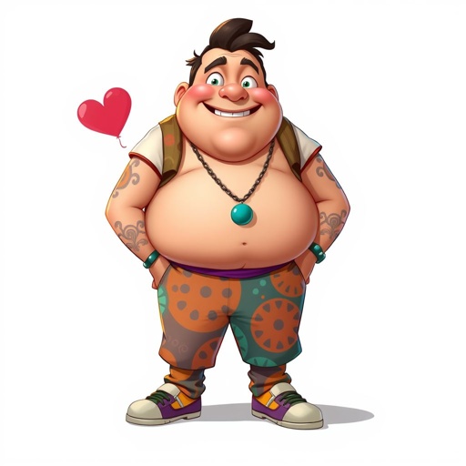 Create a adult character head to toe who is chunky , funny looking but swears he’s a lover boy.