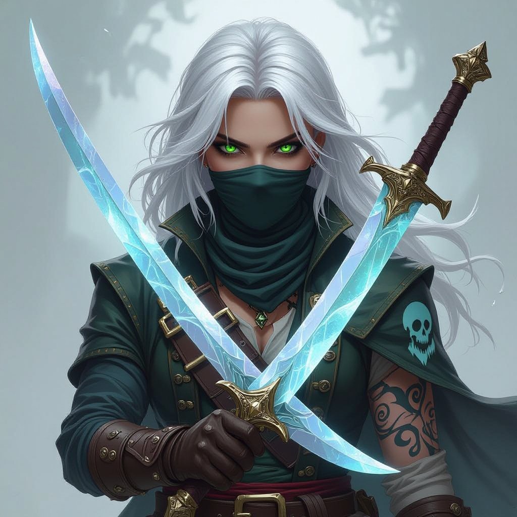 5’7 tall platinum hair almost white bright green eyes human keeps face covered 130 lbs Ghost form tattoo on right arm Duel wielding crystal rapier blades rouge pirate captain