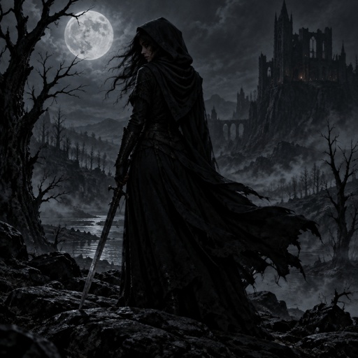 A dark night where the moon shines and the trees are dead around. There is a girl with her back to the front. Her head is looking over to the left side. She is wearing all black and is wearing a black hood. You can see her hair blowing in the wind and you can only see a faint shadow of her face. She is holding a sword that is angled at the ground. 