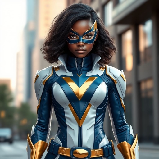 A teenage African American female with shoulder length curly hair  in a side part style superhero  wearing a  DOMINO MASK and a professionally made slightly armored white and blue suit with blue pants gold accents and a stylized V as her chest emblem a utility belt and gold boots