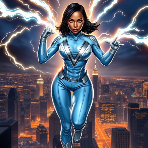 African American female superhero with hair in a shoulder length side part hairstyle with pure Gold glowing eyes wearing a leather light blue white and silver suit with light blue pants and silver boots and a V as her chest emblem controlling a storm in Philadelphia