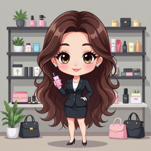 Create a business owner character showing there whole body head to toe, a lady who loves beauty products  