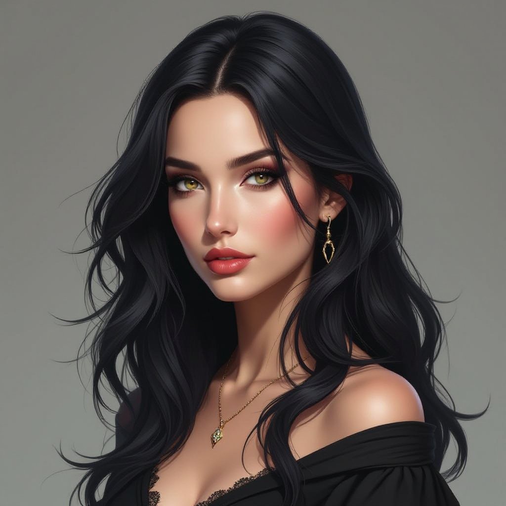 Show character head to toe. Create a mid age fantasy woman jet-black hair is cut sharpand her eyes seem to pierce through darkness. A shadowy aura clings to her form,