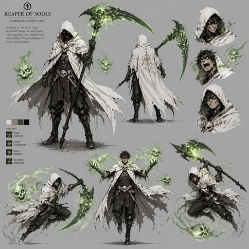 Male superhero with the ability control green spirits, crazy, white cape with hood, black eyes, scythe, multiple of the same character 