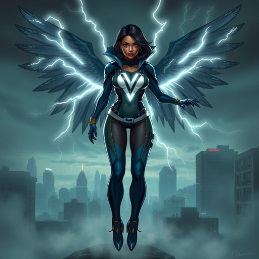 African American female superhero with shoulder length hair in a side part style and wings made of white lightning wearing a slightly homemade  white blue and black suit with black pants with a stylized V as her chest emblem wearing blue flat boots made of gold standing in Philadelphia at dusk