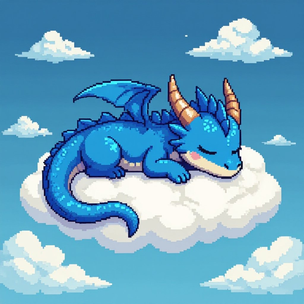 Cute slender sleeping bleu Dragon on a cloud 