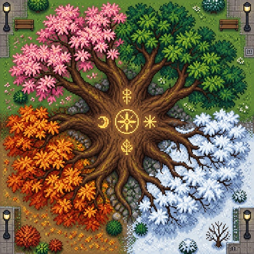  huge old oak with glowing symbols carved into the bark for a fantasy place that’s in modern times, in all the seasons, top down style, 