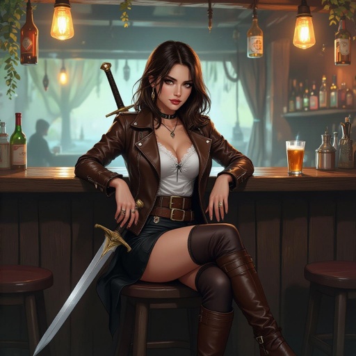 sin, seated at the bar inside the Shallow End Inn. She sits on a wooden stool with one leg crossed over the other in a relaxed, confident posture. Her cropped brown leather jacket, white lace-trimmed blouse, short black fitted skirt, and thigh-high brown boots are all part of her locked outfit. Her twin short swords rest within reach, gleaming faintly in the lanternlight. The inn’s wooden counter, hanging bottles, and swamp-reflected glow set a moody, humid atmosphere, capturing her calm watchfulness rather than flirtation.”    