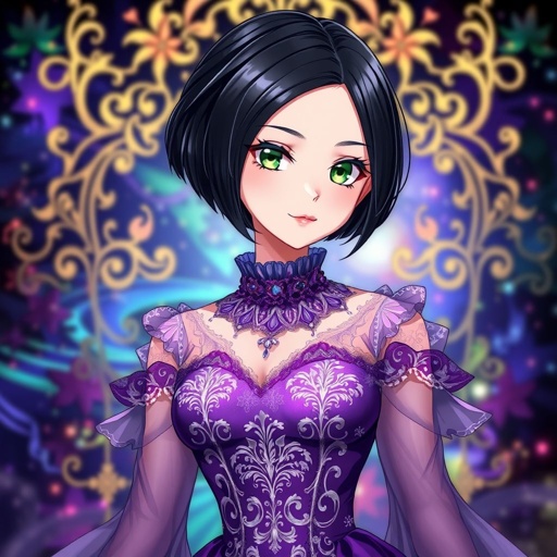Short black hair. Jade green eyes. Purple fancy dress