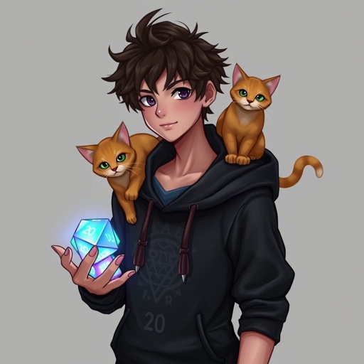 A guy with dark brown hair who holds epic looking dice with 20 sides in one hand, he wears a black hoodie and he has a orange cat at his shoulder