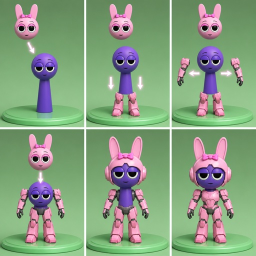 Pinki from Sprunki as Elita One merging her legs onto Jevin from Sprunki and then her arms and then her Body and lastly her head and helmet