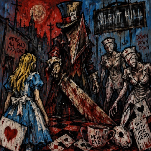 Silent Hill with pyramid head and the nurses with an Alice and wonderland spin with mad hatter as pyramid head