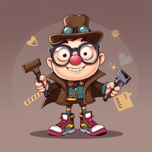 Create a character who is a goofy looking detective, who is confident. But funny looking. With cool shoes on.