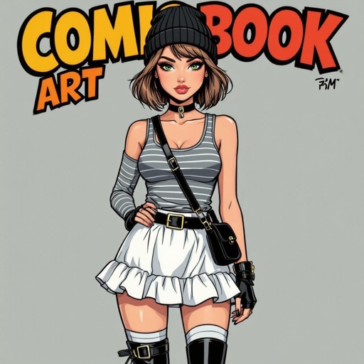 Light Brown Short Hair Babe Striped gray tank dress with white ruffled mini-skirt, thigh-high socks, chunky black buckle boots, black beanie, and cross-body bag — casual goth-punk streetwear.