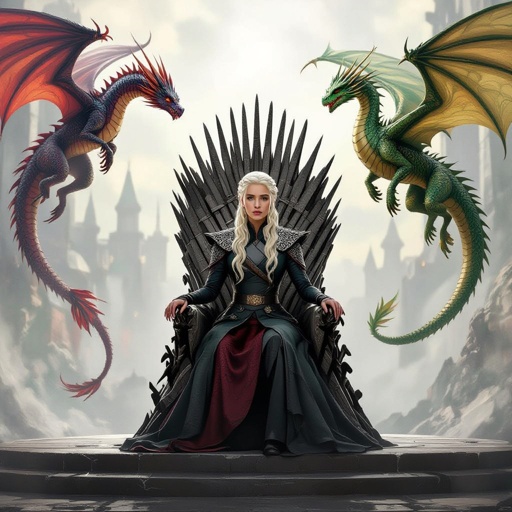 Daenerys Targaryen on the throne with a black and red dragon , a white and gold dragon, and a green and bronze dragon