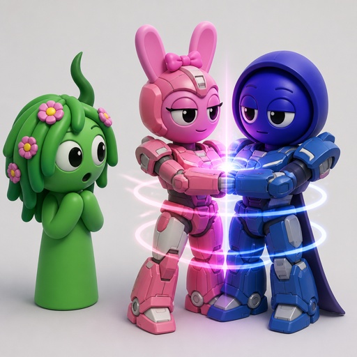 Vineria from Sprunki watching Pinki from Sprunki as Elita One merged with Jevin from Sprunki upgrading the twos shared armour to be more powerful and more durable 