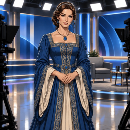 a woman in a blue dress standing in front of a camera