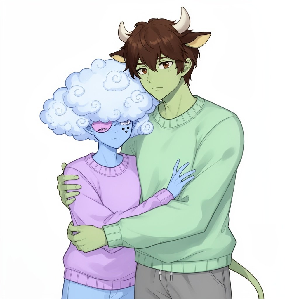 The girl has pastel blue skin cloud like hair that covers her eyes lavender purple blush pink volitgo on her left eye and two small black freackles on both of her cheeks SHES wearing a lavender purple sweater and SHES hugging a boy with cow horns and cow ears HES got chocolate brown hair with the same color eyes and light moss green skin with his mint green sweater HES taller than her with grey sweat pants