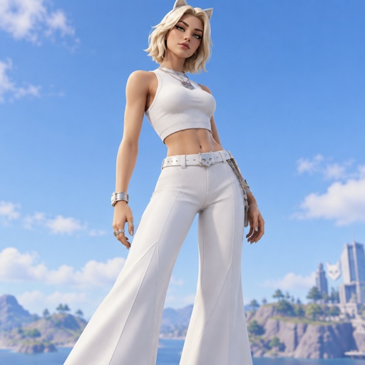  Cat Holloway from Fortnite neck length blonde hair white crop top white bell bottoms 
