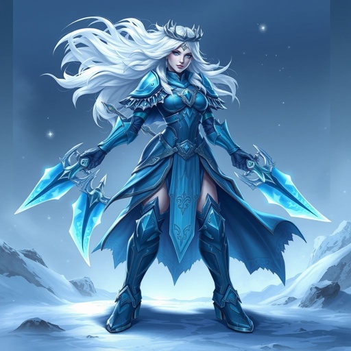 Create a battle woman hero called Alvara the Frostheart. Show full body head to toe including shoes