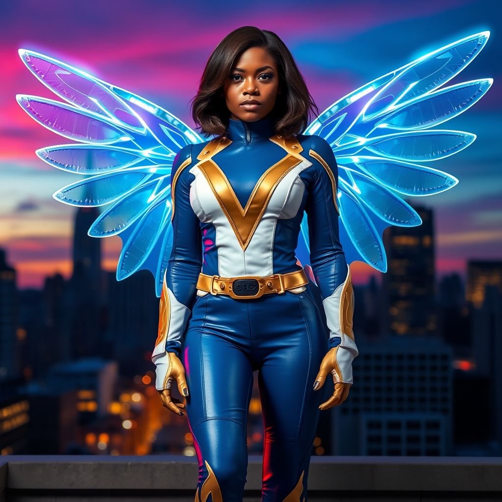 African American female superhero with shoulder length hair in a side part style and holographic wings wearing a homemade leather white and blue suit with gold accents and blue pants with a stylized V as her chest emblem wearing gold flat boots made of gold fire standing in Philadelphia at dusk