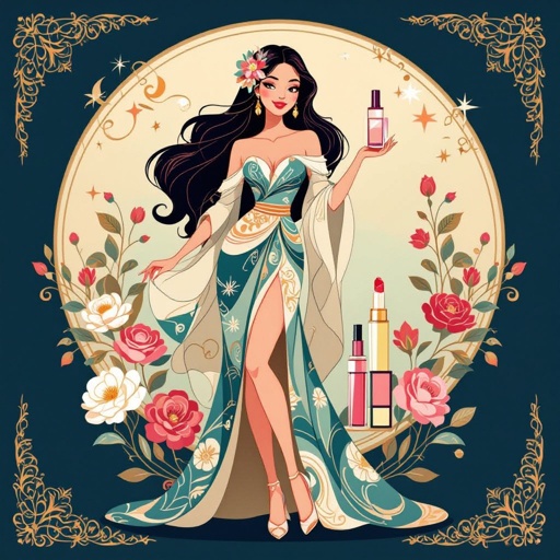 Create a character showing there whole body head to toe, a lady who loves beauty products  