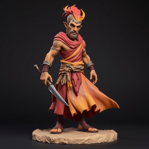 Create handsome hero Rhen the Fire – A lean, muscular man. He wears layered, flowing desert robes dyed in warm reds and golds, with scorch marks where flames have licked them. A curved blade hangs at his hip. Show whole body head to toe including her shoes.