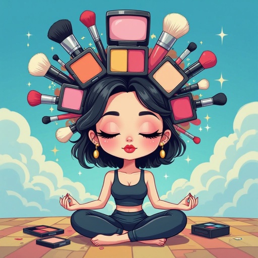 Create a chibi character mid 30’s lady who is the meditating with crown of makeup stuff