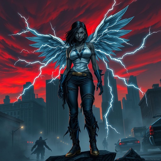 African American female superhero with shoulder length hair in a side part style and wings made of white lightning wearing a slightly homemade white blue and black suit with black pants with a stylized V as her chest emblem wearing blue flat boots made of gold standing in Philadelphia at dusk