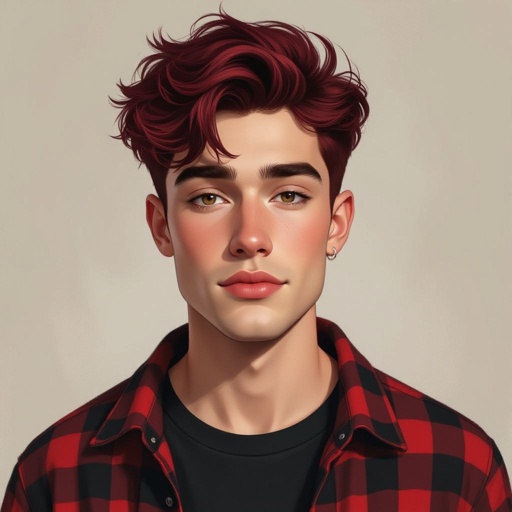 Male 18-year old dyed dark red hair dark grayish and red and black clothes  slightly chubby cheeks