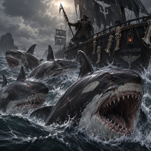 A super villain pack of killer whales/ mixed with prehistoric Megalodons, viscous hunters of the ocean and seas, controlled by whale hunter Ship-wreak.   