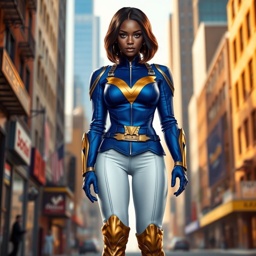 African American female superhero with hair in a shoulder length side part hairstyle with pure Gold Glowing eyes wearing slightly armored white royal blue and gold accented suit with white pants and gold knee length boots with a utility belt with a gold V as her chest emblem in Philadelphia