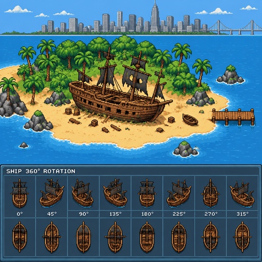 Abandoned pirate ship on island for a fantasy game set in modern times, top-down style, 360