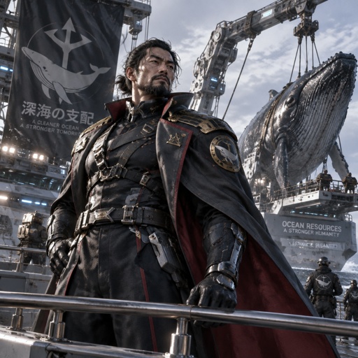 His name is Captain Shipwreck, a super villain, futuristic whale hunter, futuristic whale ship.  Japanese muscular, futuristic captain suite