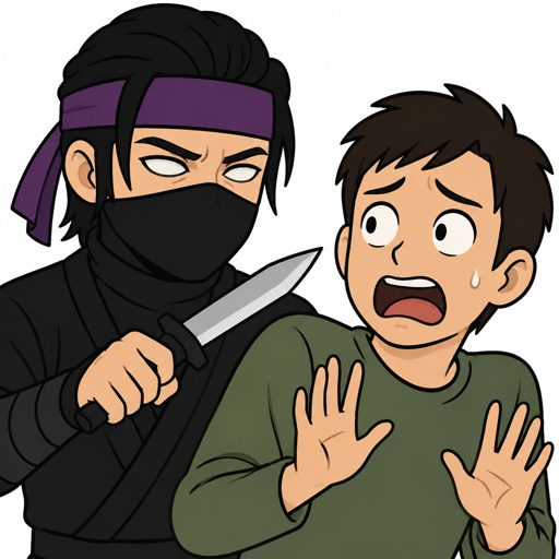 Male,black hair brushed back with a purple headband some of his hair is on the side of his ears,is blind eyes are showing ,wearing a black ninja mask,holding a knife, another person there with a scared face