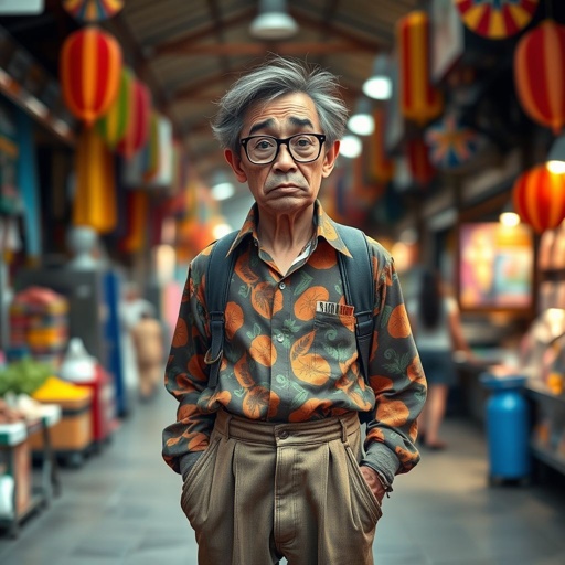 Create a funny looking serious man in the world, with a not so stylish outfit head to toe
